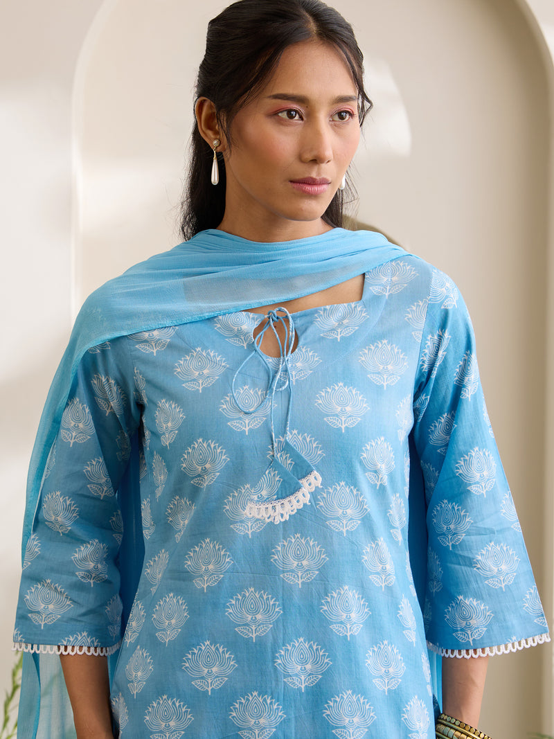 Khushal K Women Cotton Kurti And Farshi Salwar  With Dupatta Set - Blue
