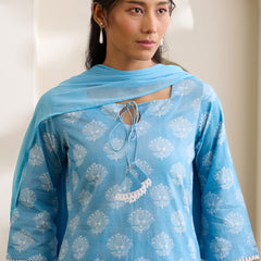 Khushal K Women Cotton Kurti And Farshi Salwar  With Dupatta Set - Blue