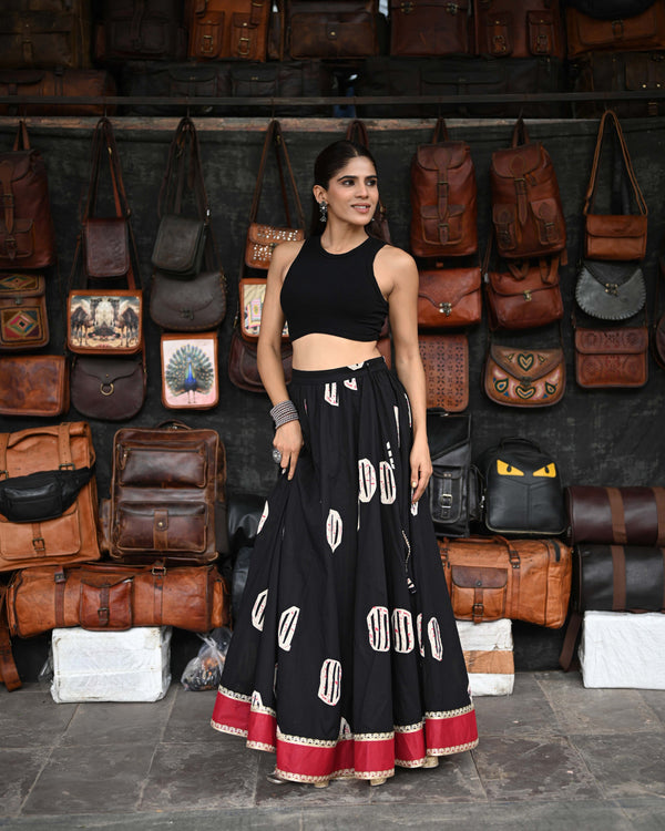 Khushal K Women's Black Printed Cotton Flared Maxi Skirt