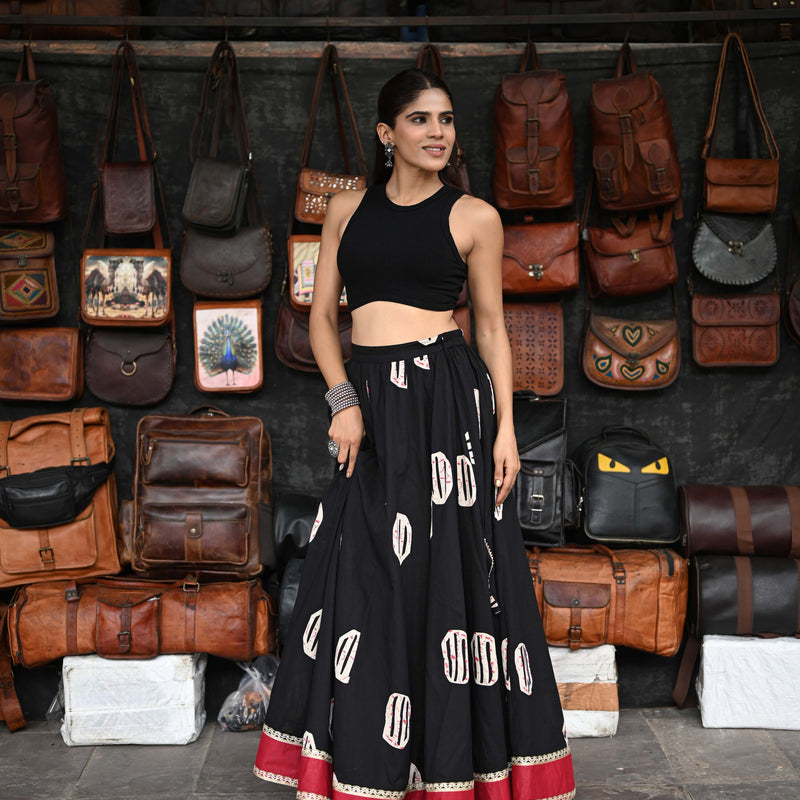 Khushal K Women's Black Printed Cotton Flared Maxi Skirt