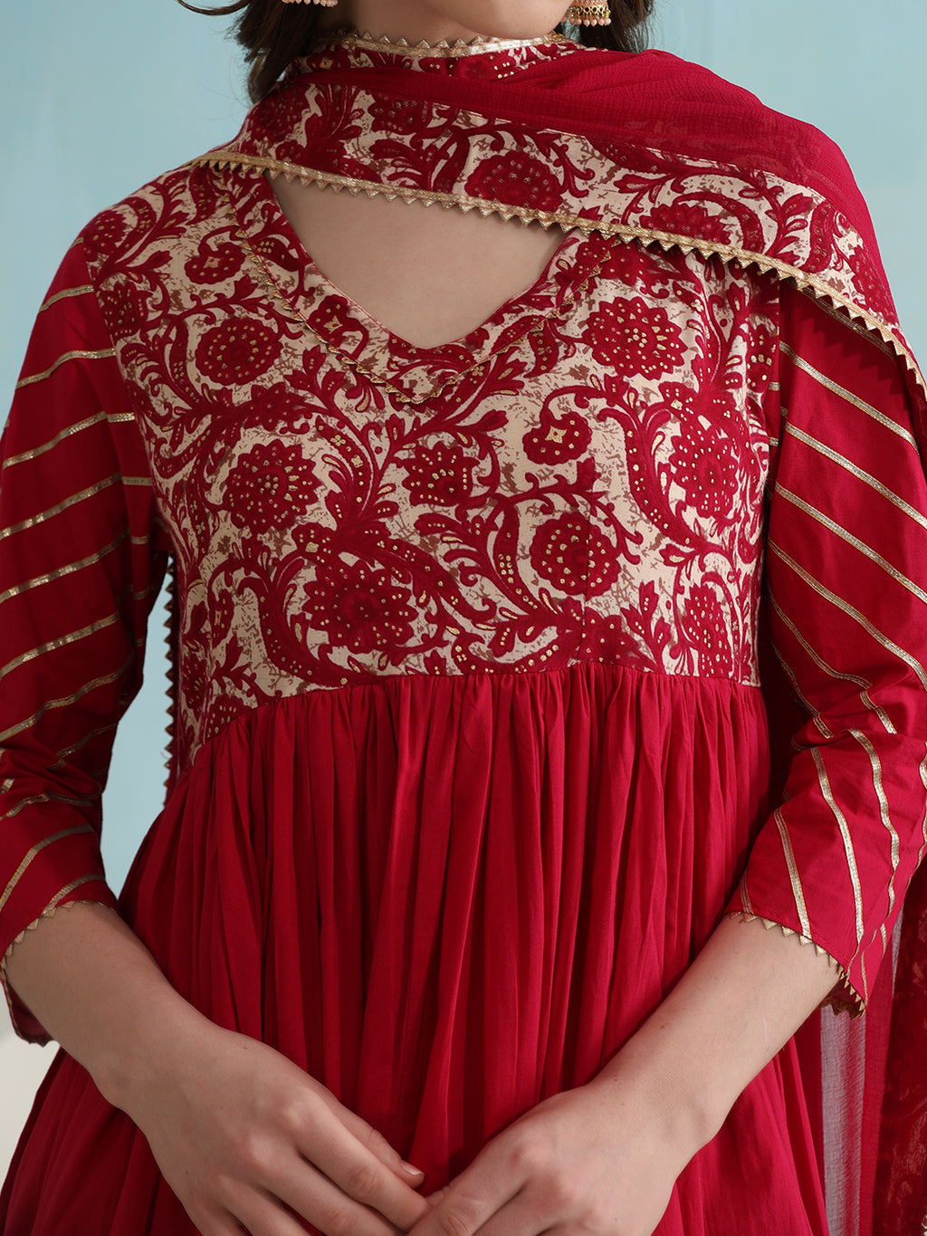 Floral Printed V-Neck Anarkali Kurta with Palazzos & Dupatta