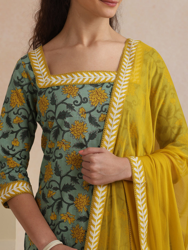 Khushal K Women Cotton Kurta Palazzo Dupatta Set - Green