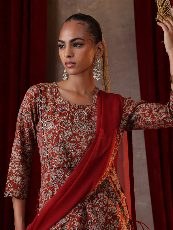 Khushal K Women Cotton kurta and palazzo with dupatta set - Rust
