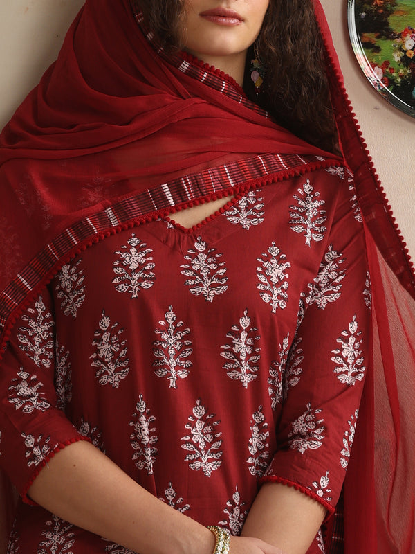 Khushal K Women Floral Printed Regular Pure Cotton Maroon Kurta & Palazzo With Dupatta