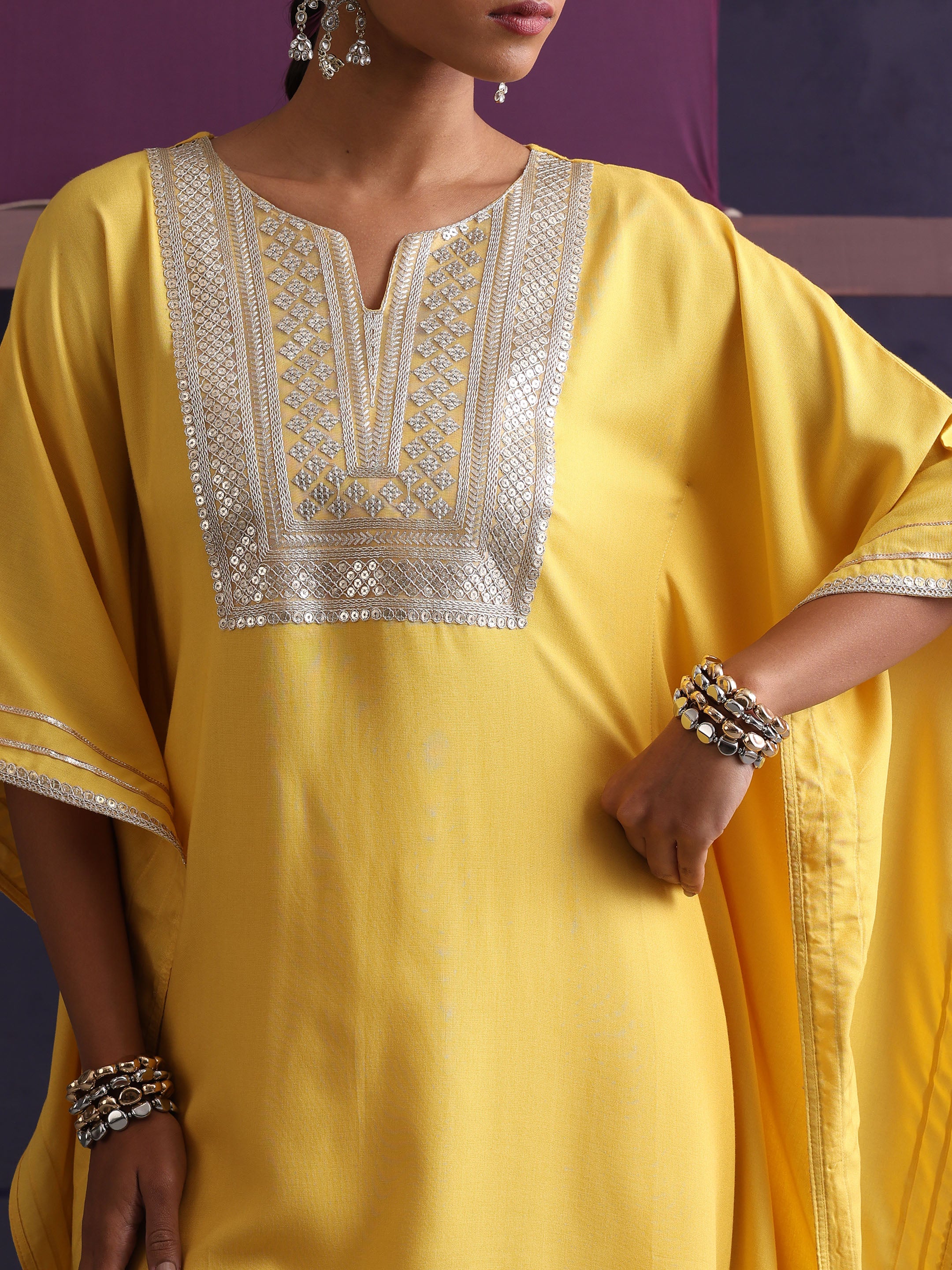 Khushal K Women Motifs Yoke Design Yellow Kaftan set