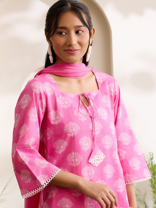Khushal K Women Cotton Kurti And Farshi Salwar  With Dupatta Set - Pink
