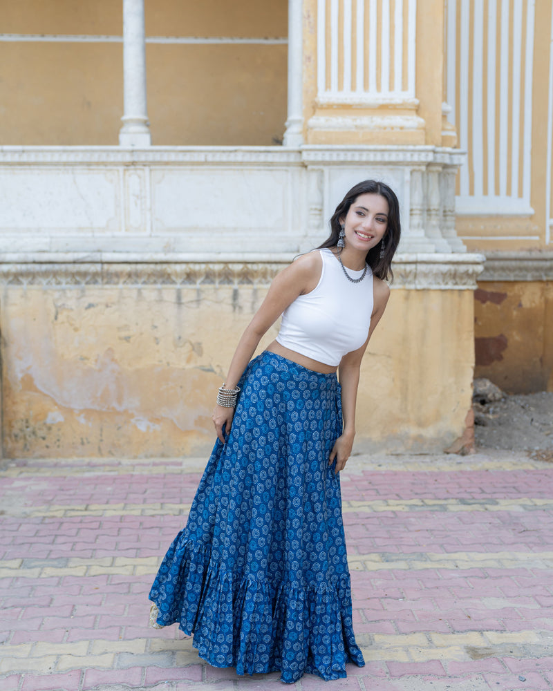 Khushal K Women's Blue Printed Cotton Flared Maxi Skirt