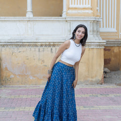 Khushal K Women's Blue Printed Cotton Flared Maxi Skirt