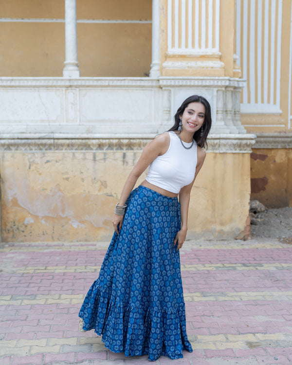 Khushal K Women's Blue Printed Cotton Flared Maxi Skirt