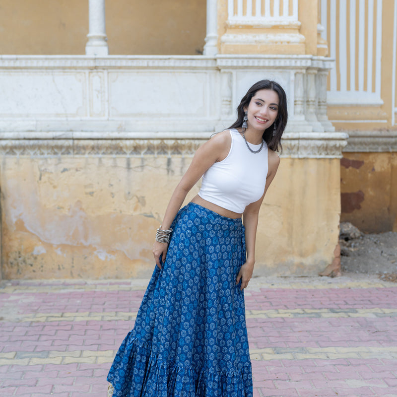 Khushal K Women's Blue Printed Cotton Flared Maxi Skirt