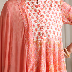 Floral Printed Mandarin Collar Pure Cotton Anarkali Kurta & Palazzos & Dupatta