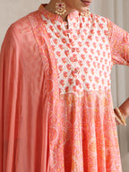 Floral Printed Mandarin Collar Pure Cotton Anarkali Kurta & Palazzos & Dupatta
