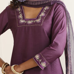 Khushal K Women Pure Silk purple Embroidered Kurta & Palazzo With Dupatta