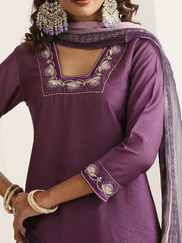 Khushal K Women Pure Silk purple Embroidered Kurta & Palazzo With Dupatta