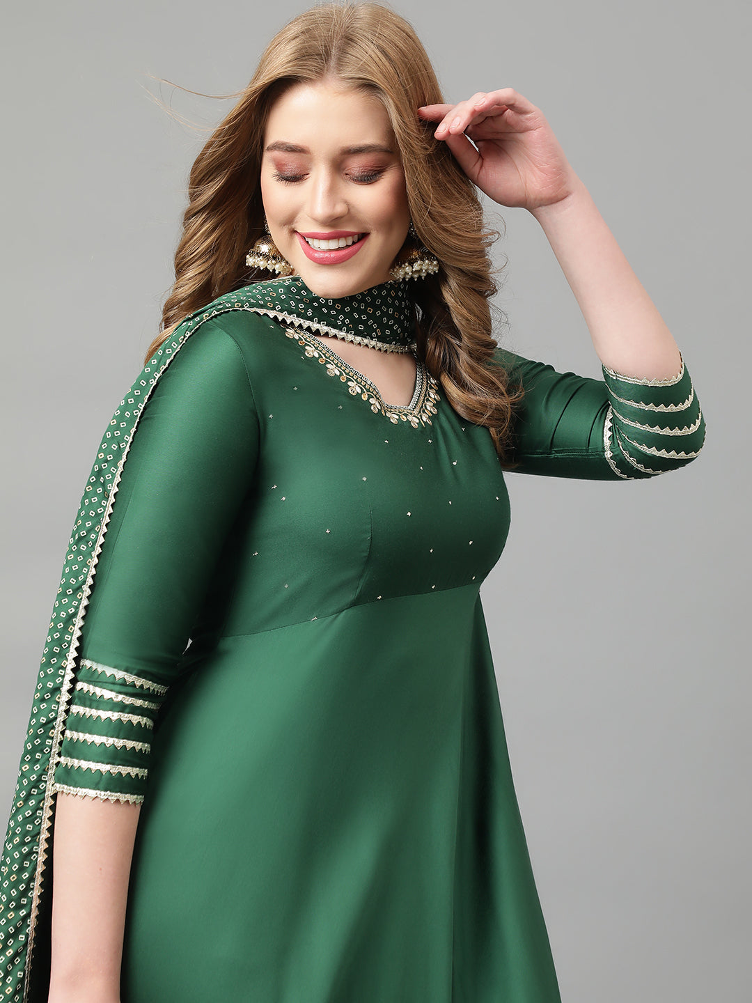 Green solid Kurta with Trousers with dupatta
