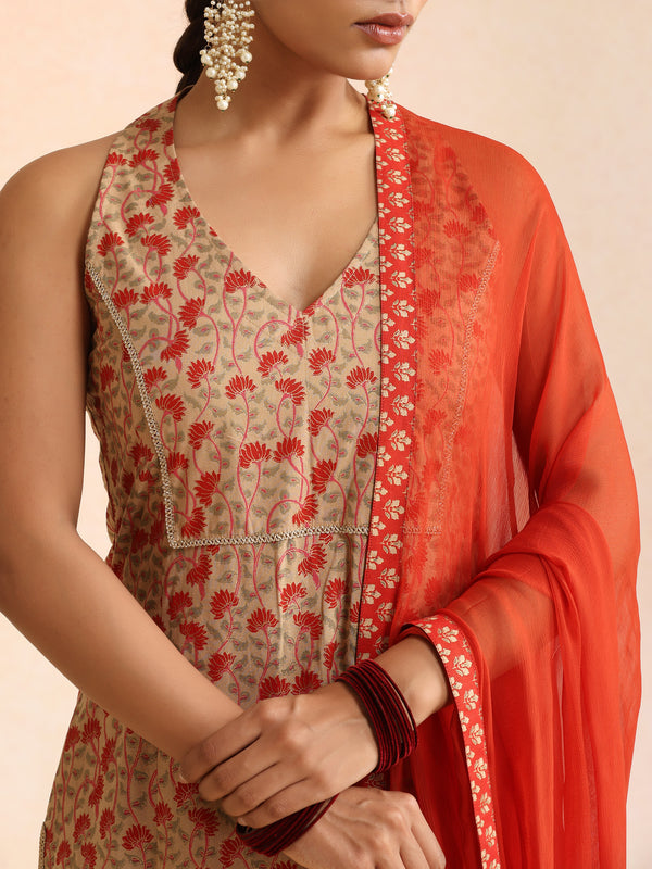 Women Floral Printed V-Neck Kurta with Trousers & Dupatta