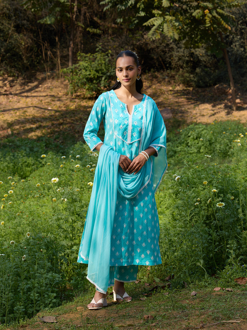 Khushal K Women Printed Regular Pure Cotton turquoise blue Kurta & Palazzo With Dupatta