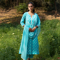 Khushal K Women Printed Regular Pure Cotton turquoise blue Kurta & Palazzo With Dupatta