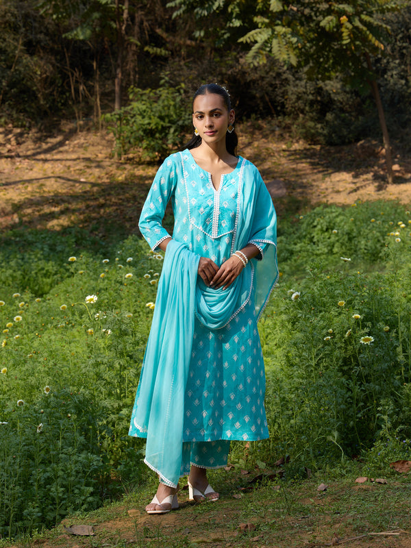 Khushal K Women Printed Regular Pure Cotton turquoise blue Kurta & Palazzo With Dupatta