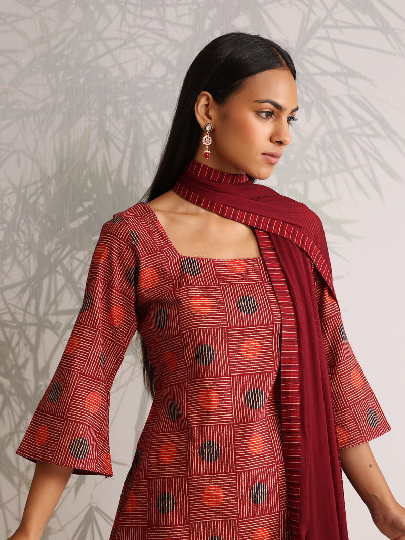 Khushal K Women Cotton kurti and Farshi Salwar with dupatta set - Maroon