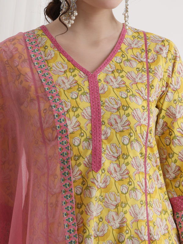 Women Floral Printed Regular Pure Cotton Kurta with Palazzos & With Dupatta