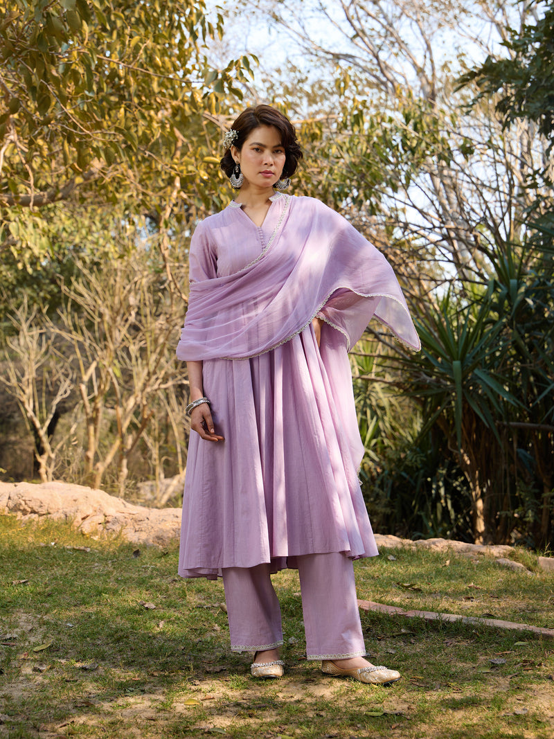 Khushal K Women Cotton Kurta and Palazzo With Dupatta Set - Lavender