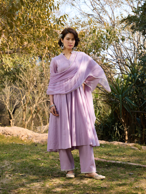 Khushal K Women Cotton Kurta and Palazzo With Dupatta Set - Lavender