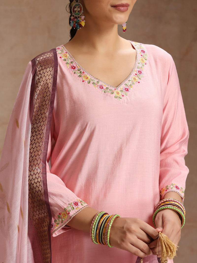Khushal K Women Pure Silk pink Embroidered Kurta & Palazzo With Dupatta