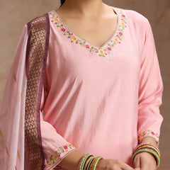 Khushal K Women Pure Silk pink Embroidered Kurta & Palazzo With Dupatta