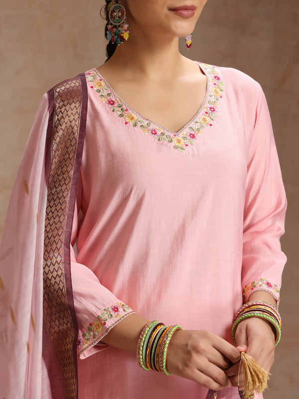 Khushal K Women Pure Silk pink Embroidered Kurta & Palazzo With Dupatta