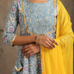 Floral Printed Panelled Pure Cotton Anarkali Kurta With Palazzo & Dupatta