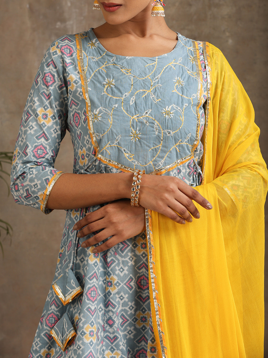 Floral Printed Panelled Pure Cotton Anarkali Kurta With Palazzo & Dupatta