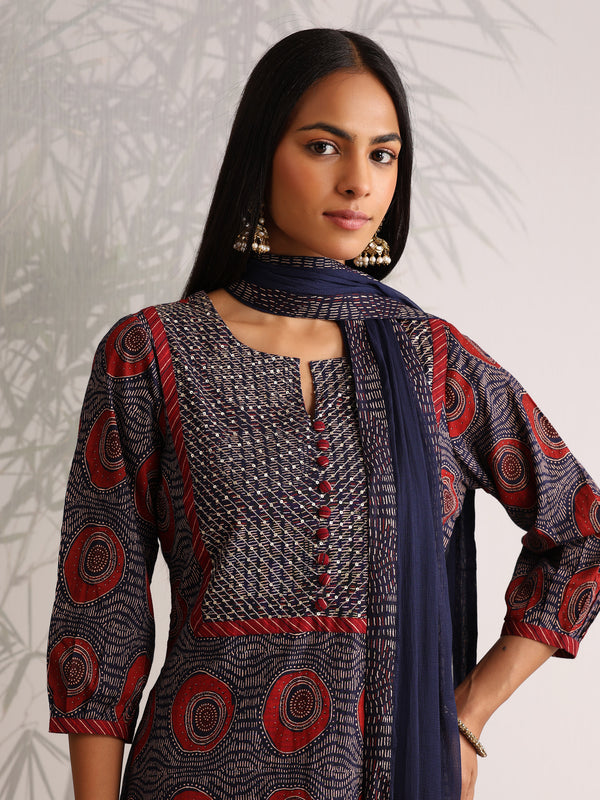 Khushal K Women Cotton kurta and Afghani Salwar with dupatta set - Blue