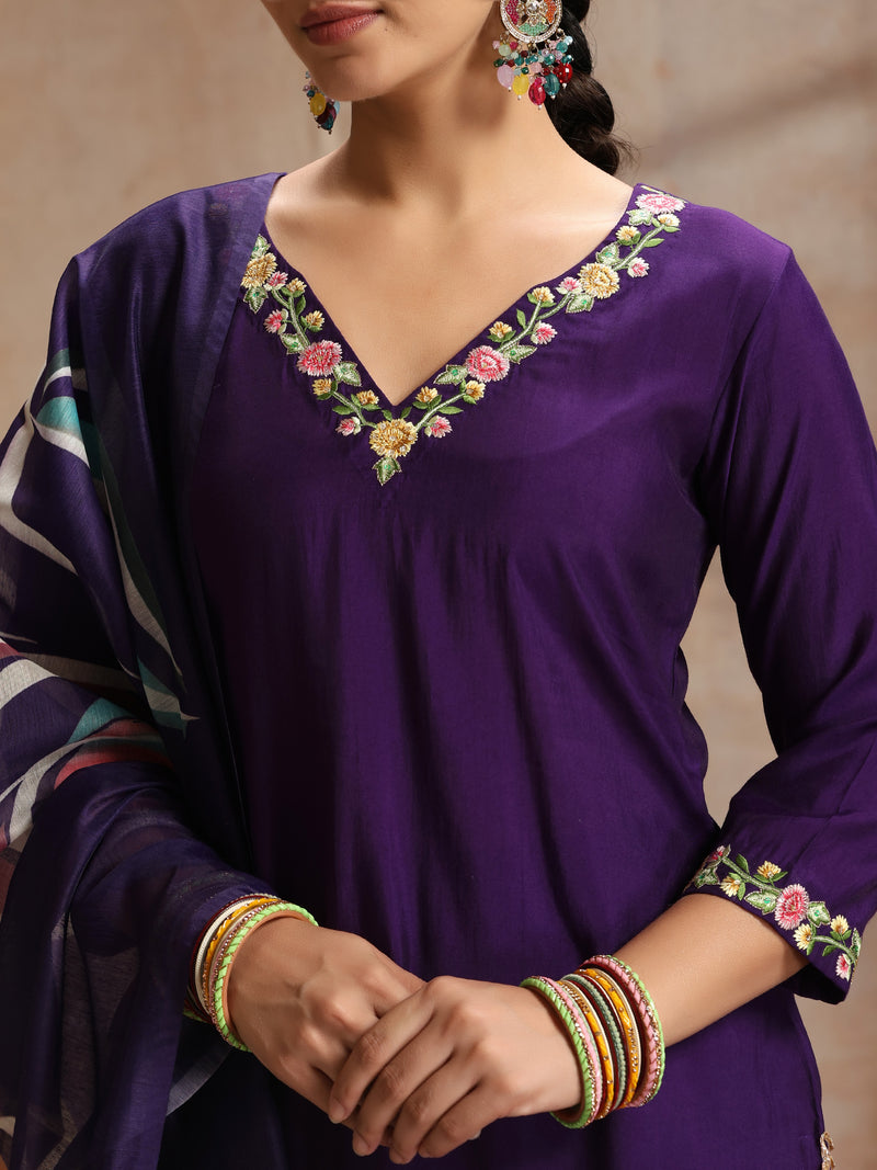 Khushal K Women Pure Silk purple Embroidered Kurta & Palazzo With Dupatta