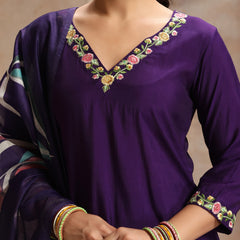 Khushal K Women Pure Silk purple Embroidered Kurta & Palazzo With Dupatta