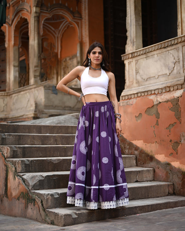 Khushal K Women's Purple Printed Cotton Flared Maxi Skirt