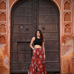 Khushal K Women's Rust Printed Cotton Flared Maxi Skirt
