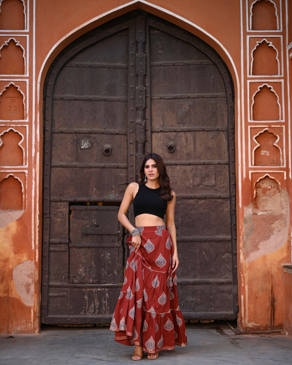 Khushal K Women's Rust Printed Cotton Flared Maxi Skirt