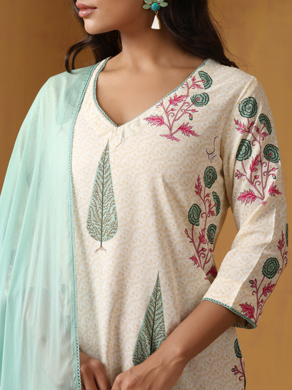 Khushal K Floral Printed V-Neck Pure Cotton Straight Kurta set