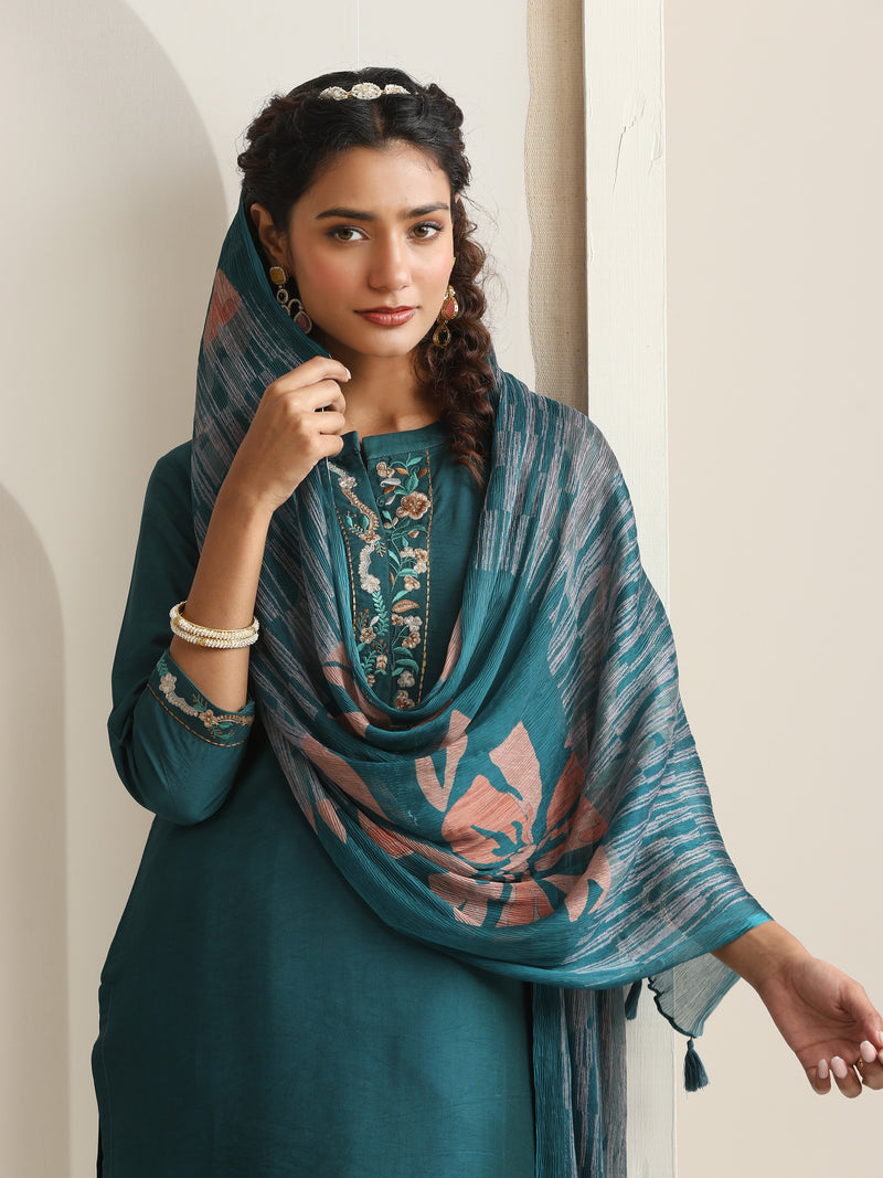 Khushal K Women Pure Silk green Embroidered Kurta & Palazzo With Dupatta