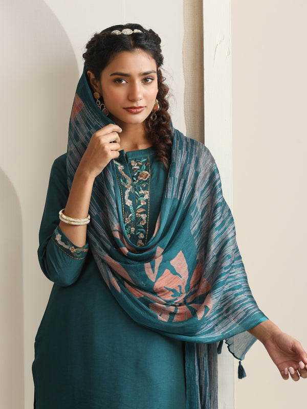 Khushal K Women Pure Silk green Embroidered Kurta & Palazzo With Dupatta