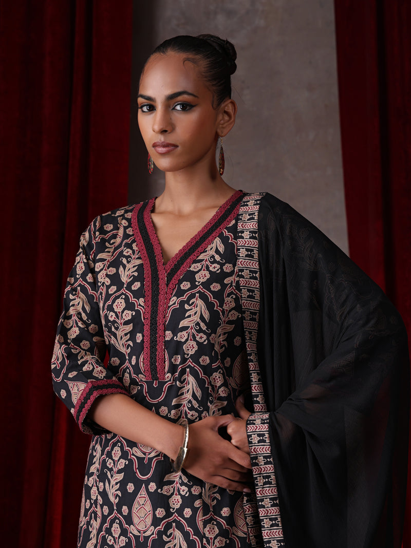 Khushal K Women Cotton kurta and palazzo with dupatta set - Black