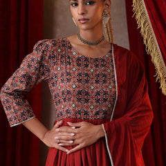 Khushal K Women Cotton kurta and palazzo with dupatta set - Rust
