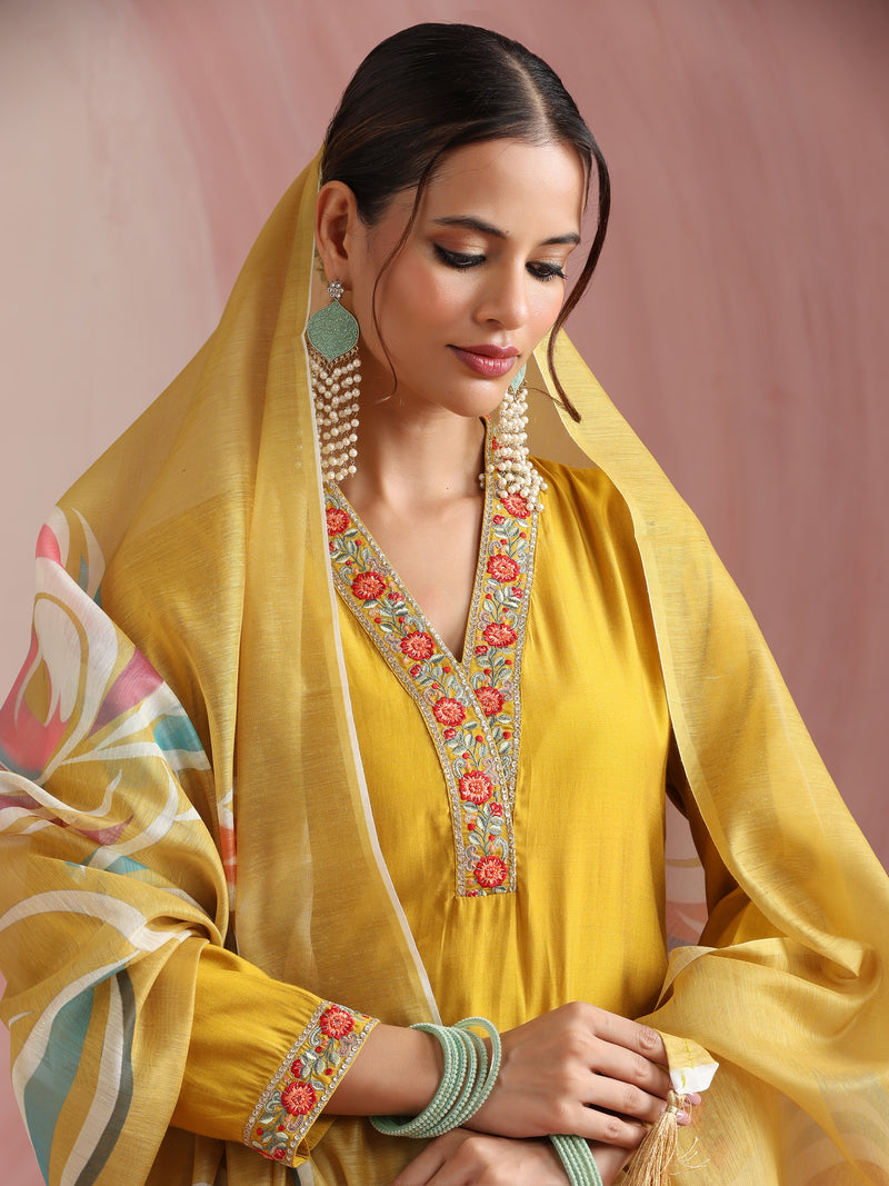 Khushal K Women Pure Silk yellow Embroidered Kurta & Palazzo With Dupatta