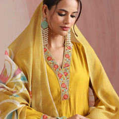 Khushal K Women Pure Silk yellow Embroidered Kurta & Palazzo With Dupatta