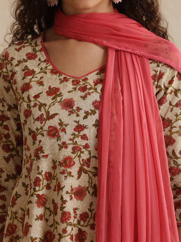 Khushal K Women Floral Cream Printed Regular Pure Cotton Kurta & Palazzo With Dupatta