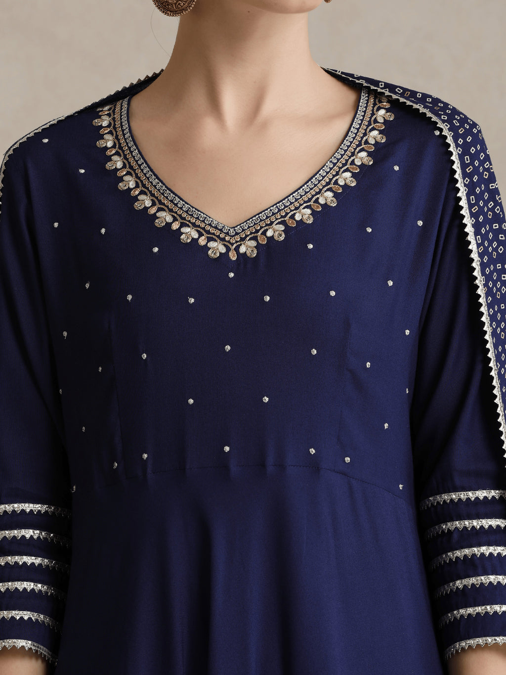 Floral Embroidered Gotta Patti V-Neck Anarkali Kurta With Palazzos & Dupatta