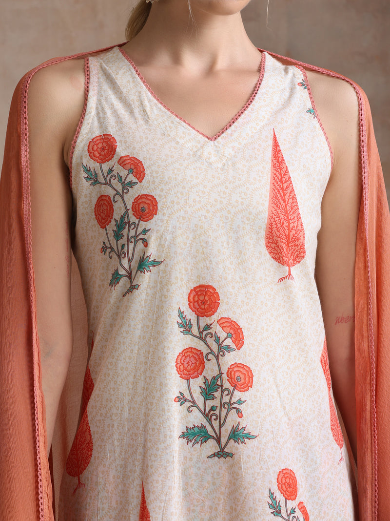 Floral Printed Pure Cotton Straight Kurta with Palazzos & With Dupatta