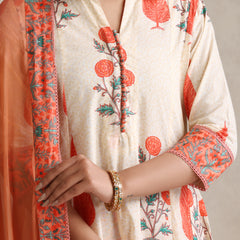 Women elegant White Anarkali Kurta with Coral Prints, Palazzos & Dupatta