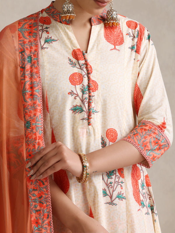 Women elegant White Anarkali Kurta with Coral Prints, Palazzos & Dupatta